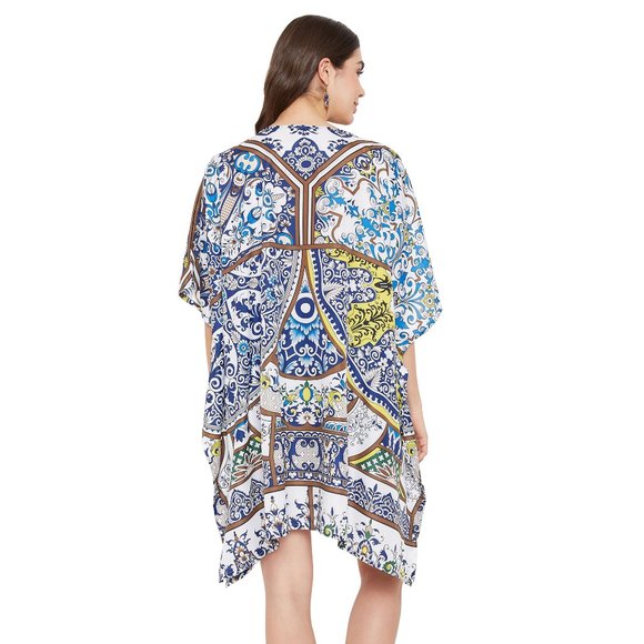 Floral Printed Navy Blue Polyester Short Caftan Dress for Women by Gypsie Blu - Picture 7 of 9